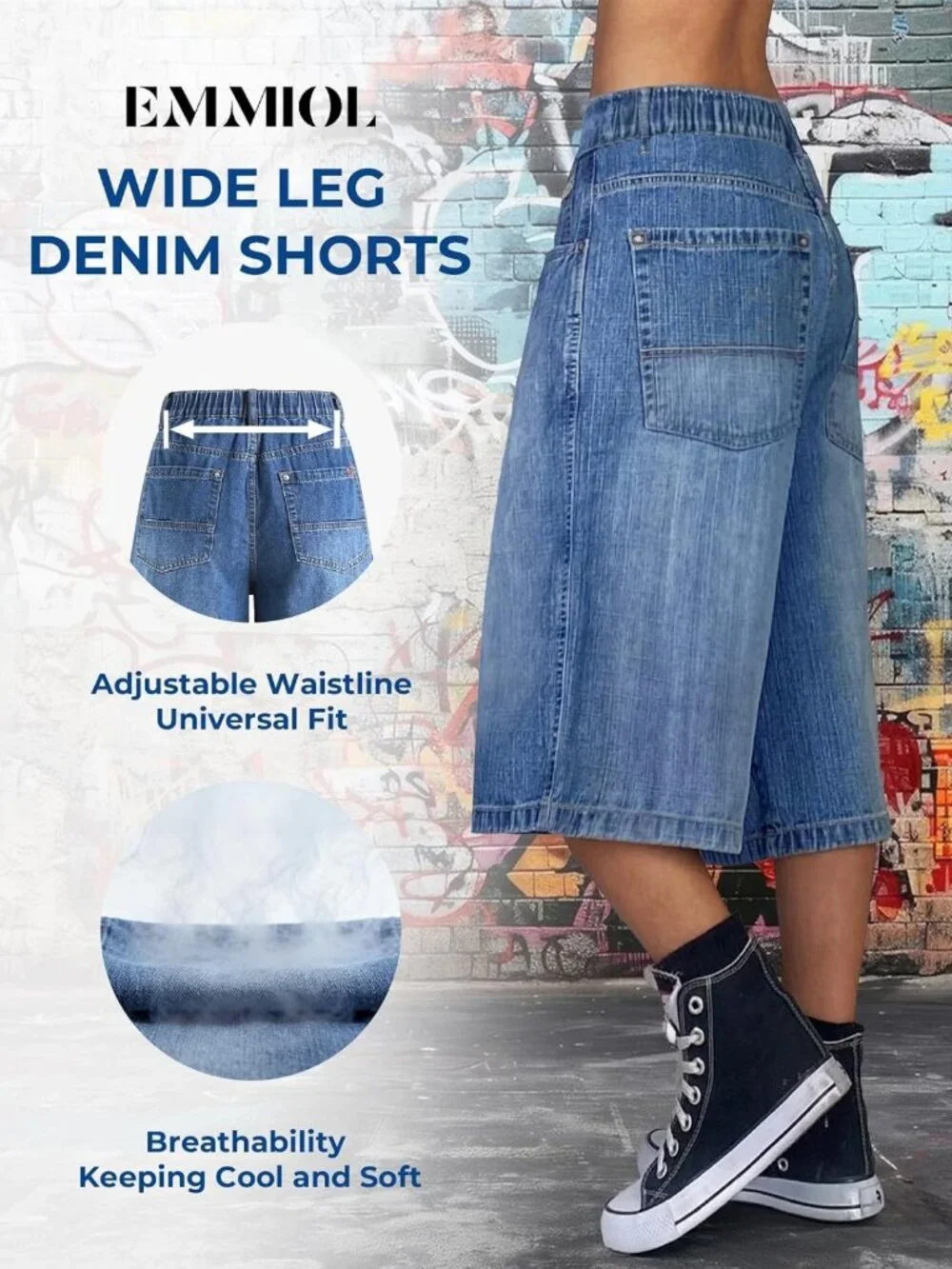 Baggy Denim Jorts for Women | Wide Leg Y2K Shorts | Elastic Waist Bermuda with